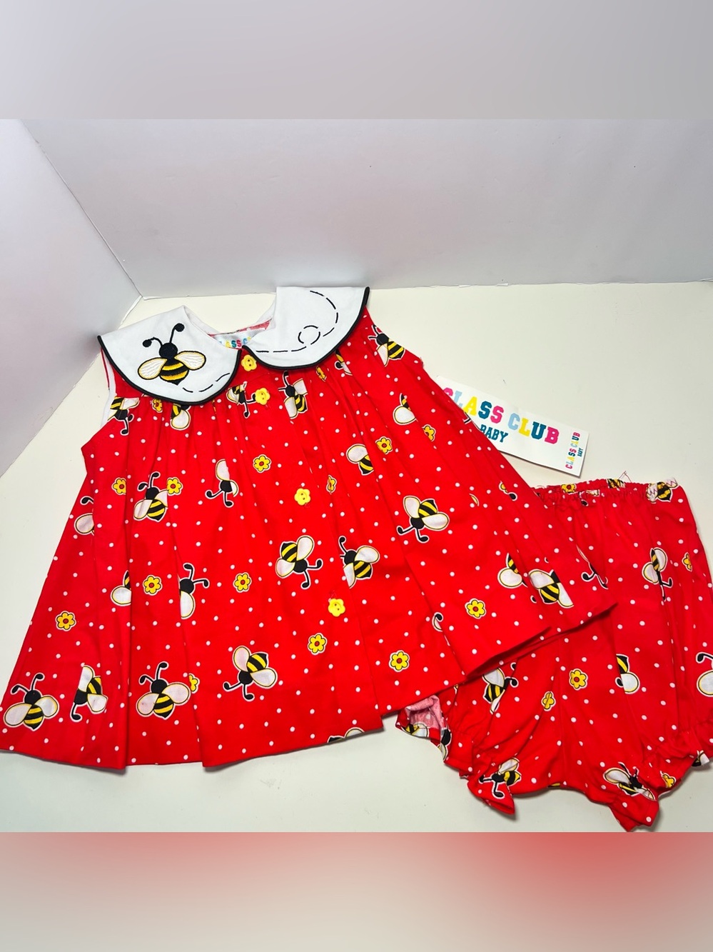 Vintage 80s Bumblebee Button Up Dress Bloomer Set Cottagecore Peter Pan Collar